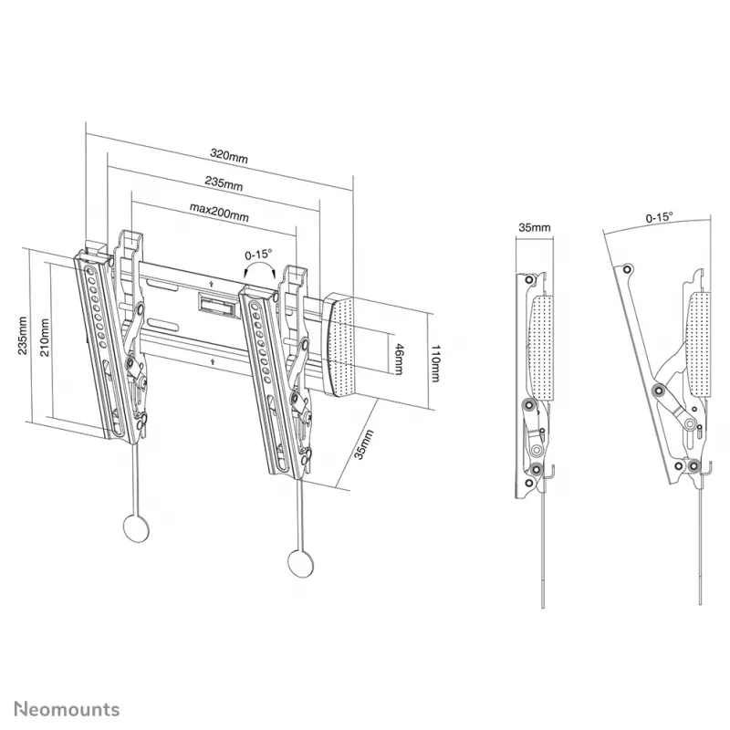 Neomounts NM-W125Must seinakinnitus telerile 10-40 tolli - kallutatav, 101,6 cm (40 tolli), 75 x 75 mm, 200 x 200 mm, 0 - 15°, teras, must