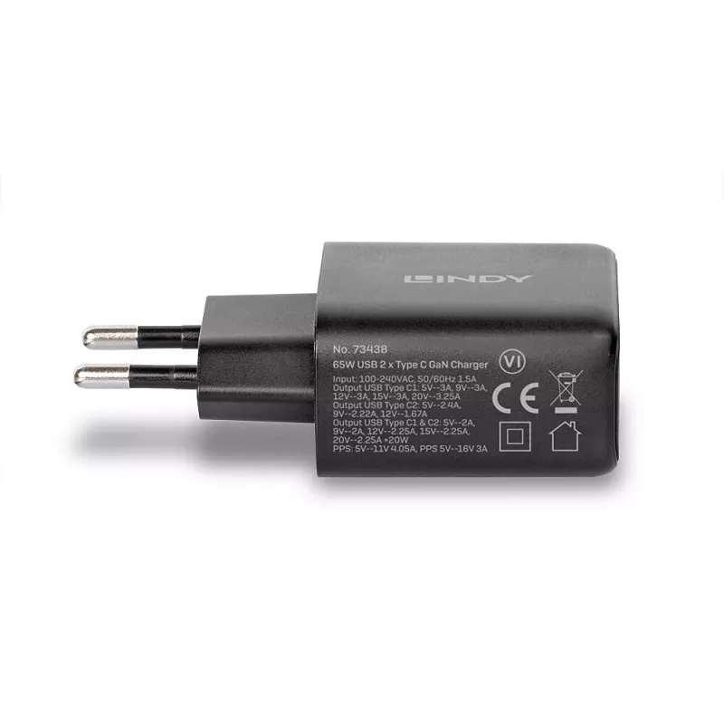 Lindy 65W USB 2 x Type C GaN laadija 73438