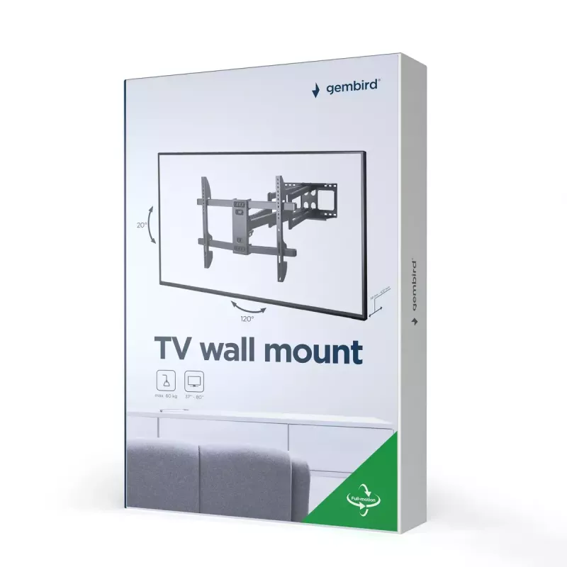 Seinale paigaldatav telerikinnitus Gembird WM-80ST-02 — fikseeritud/kallutatav, 37 tolli – 80 tolli, VESA kuni 600x400, 60 kg, must