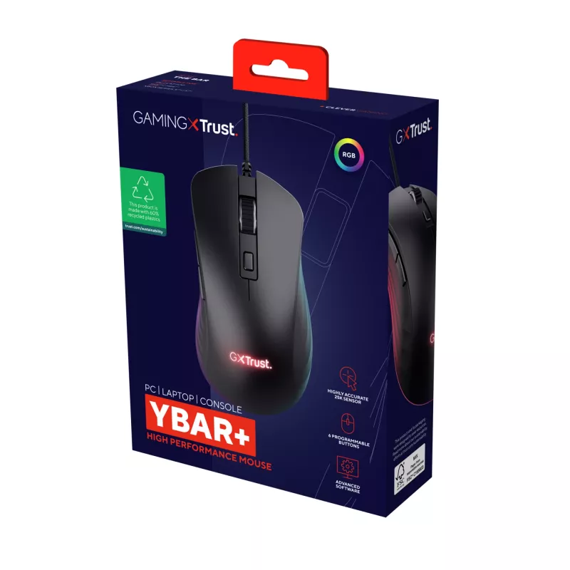 Trust GXT924 YBAR+ mängurihiir, paremakäeline, USB Type-A, optiline, 25600 DPI, must