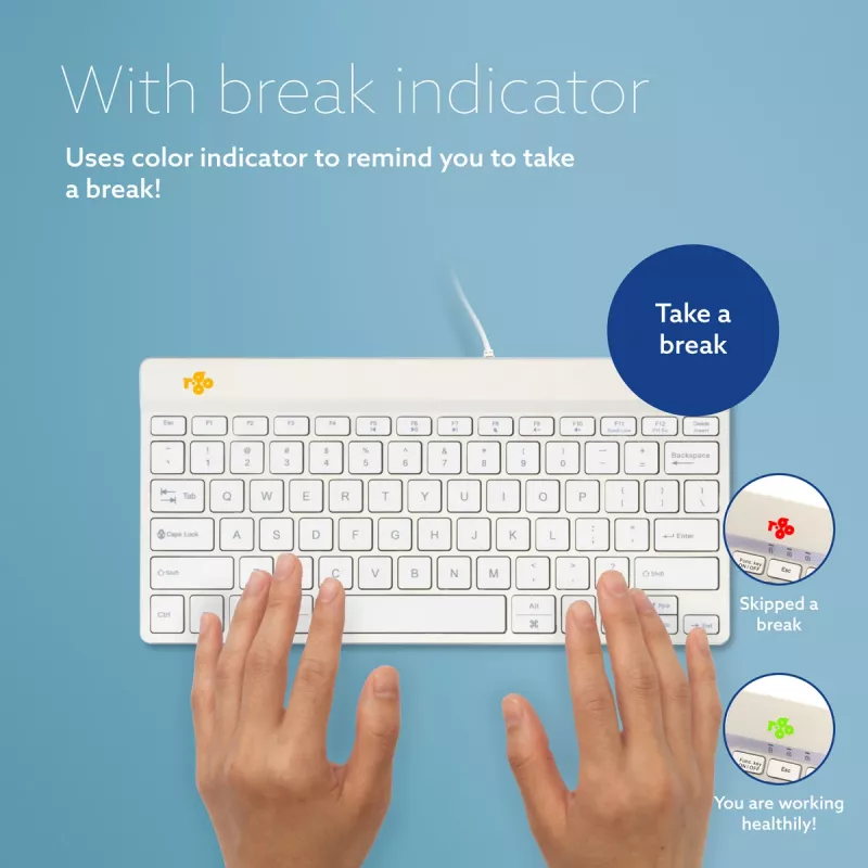 R-Go Tools ergonoomiline klaviatuur R-Go Compact Break, kompaktne klaviatuur koos pausitarkvaraga, QWERTY (US), juhtmega, valge