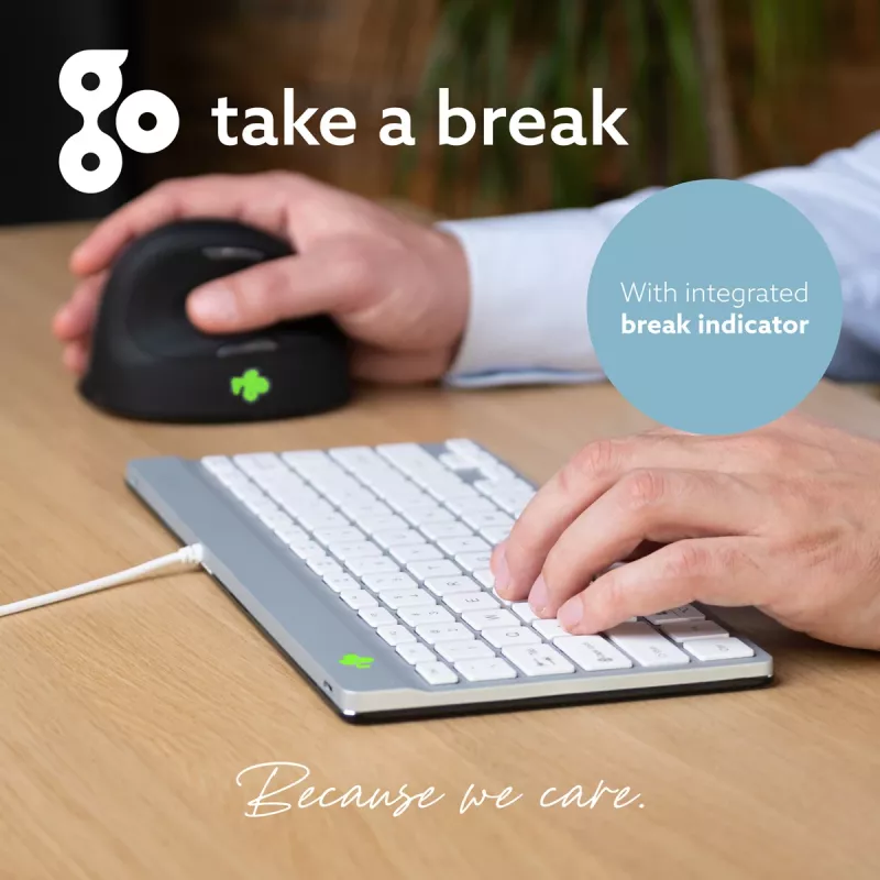 R-Go Tools ergonoomiline klaviatuur R-Go Compact Break, kompaktne klaviatuur koos pausitarkvaraga, QWERTY (US), juhtmega, valge