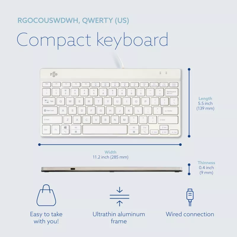 R-Go Tools ergonoomiline klaviatuur R-Go Compact Break, kompaktne klaviatuur koos pausitarkvaraga, QWERTY (US), juhtmega, valge