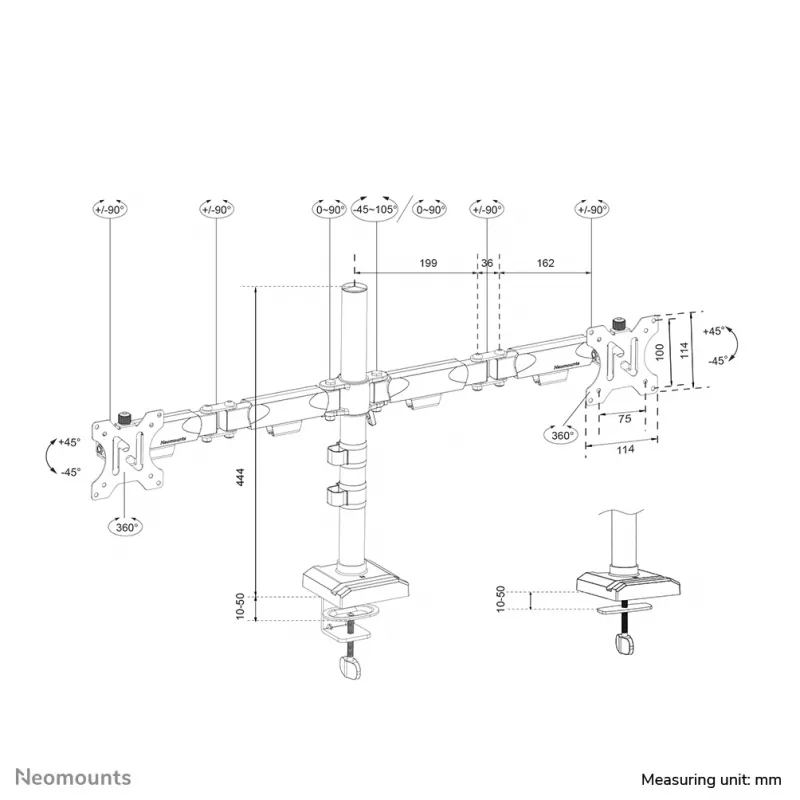 Neomounts DS60-600BL2 monitori käepide 10-32 tolli - Quick-fix - 180°-stopp