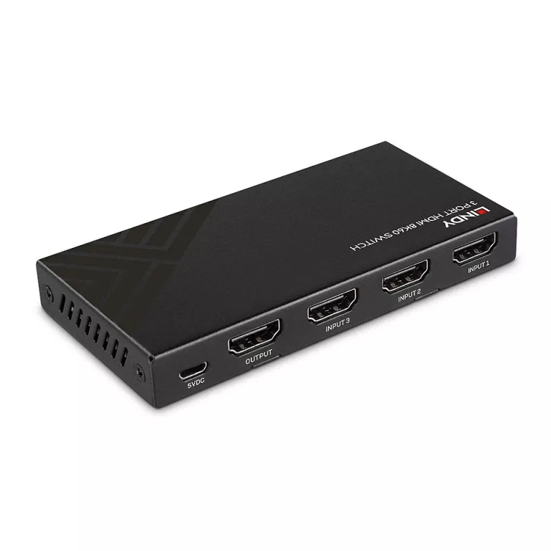 Lindy 3 pordiga HDMI 8K60 lüliti HDMI USB Micro-USB Must 4320p 48 Gbit/s