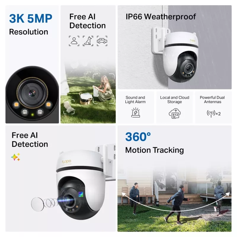 TP-Link välispanoraam-/kallutusega turvakaamera Wi-Fi kaudu SPETS: 3K 5MP (2880x1620), 2,4 GHz, 2 × välisantenni, 1 × Ethernet-port, horisontaalne 360°