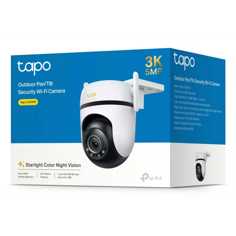 TP-Link välispanoraam-/kallutusega turvakaamera Wi-Fi kaudu SPETS: 3K 5MP (2880x1620), 2,4 GHz, 2 × välisantenni, 1 × Ethernet-port, horisontaalne 360°
