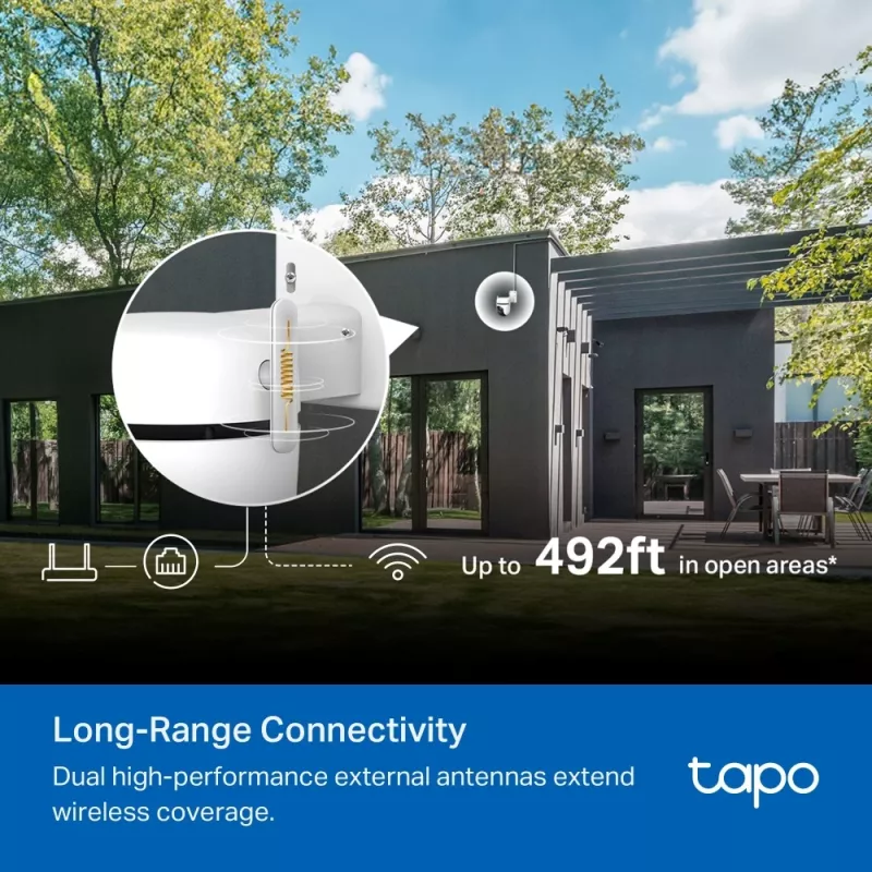 TP-Link välispanoraam-/kallutusega turvakaamera Wi-Fi kaudu SPETS: 3K 5MP (2880x1620), 2,4 GHz, 2 × välisantenni, 1 × Ethernet-port, horisontaalne 360°