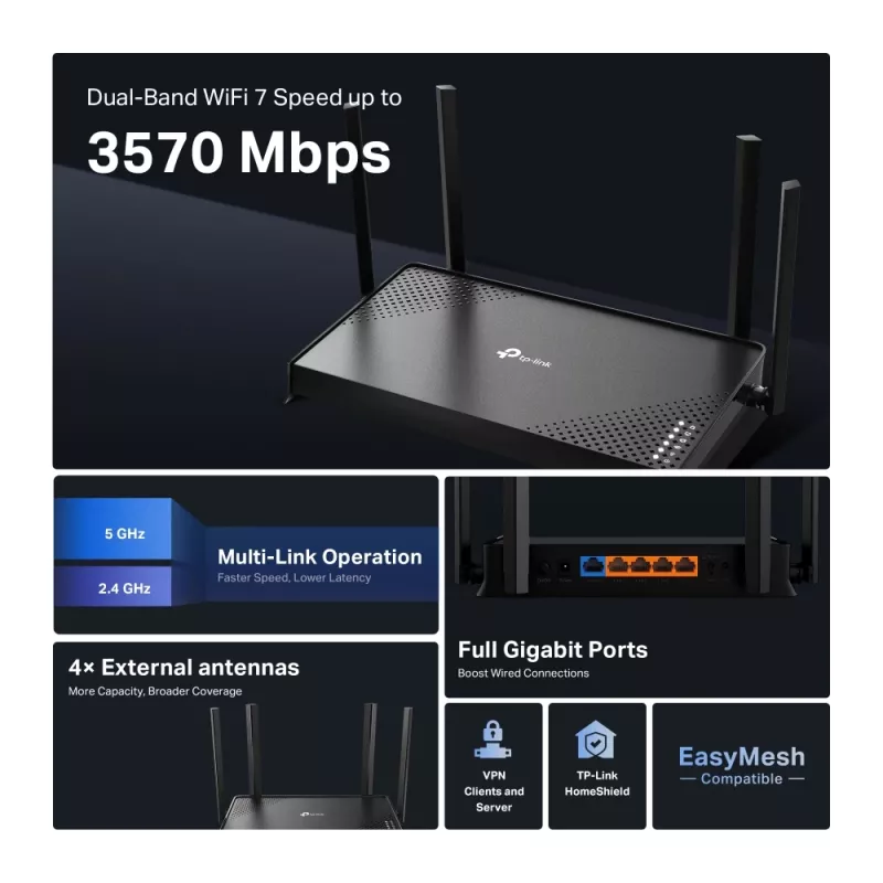 TP-Link Archer BE220 juhtmevaba ruuter Gigabit Ethernet Kahesageduslik (2,4 GHz / 5 GHz) Must