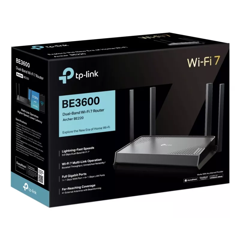 TP-Link Archer BE220 juhtmevaba ruuter Gigabit Ethernet Kahesageduslik (2,4 GHz / 5 GHz) Must