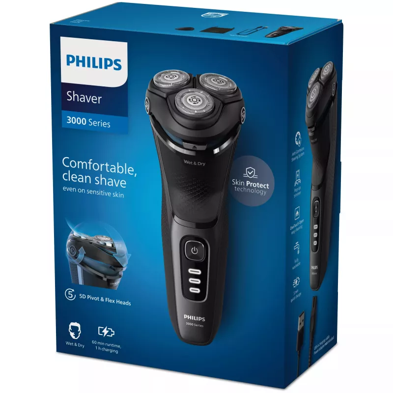 Elektriline pöörlev habemeajaja Philips 3000 Series S3244/12 – 3 pead, Märg ja kuiv, Li-Ion, 60 min tööaeg, hüpiktrimmer, pestav, must