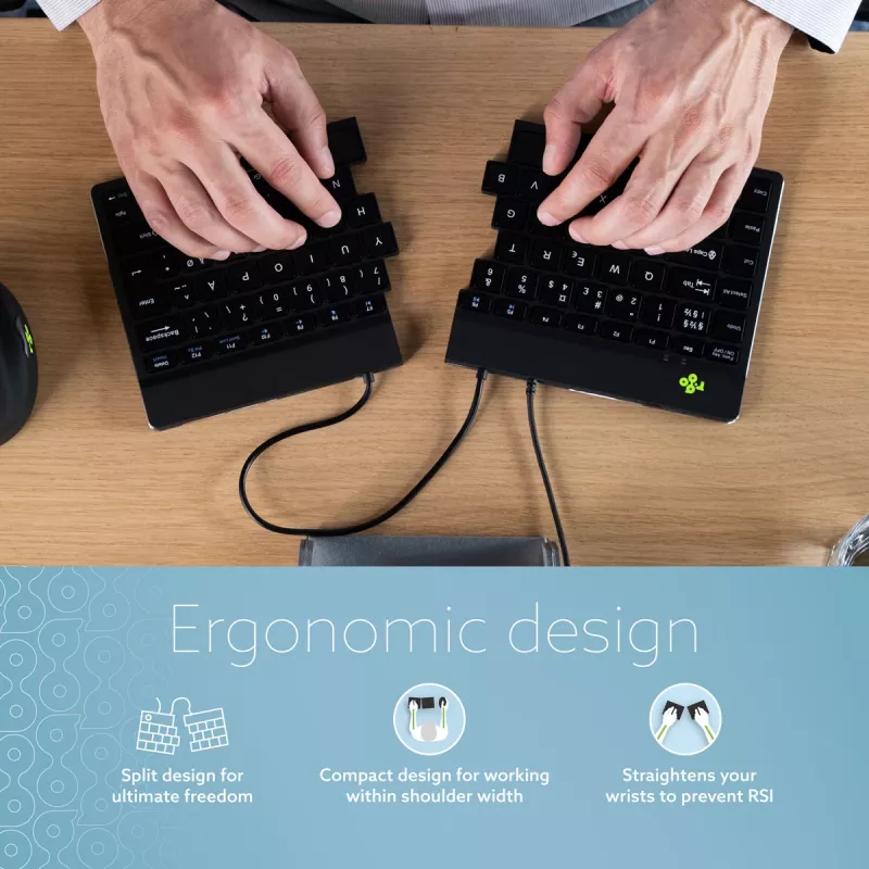 R-Go Tools ergonoomiline klaviatuur R-Go Split Break v2 koos pausitarkvaraga, ergonoomiline jagatud klaviatuur, QWERTY (UK), juhtmega, must
