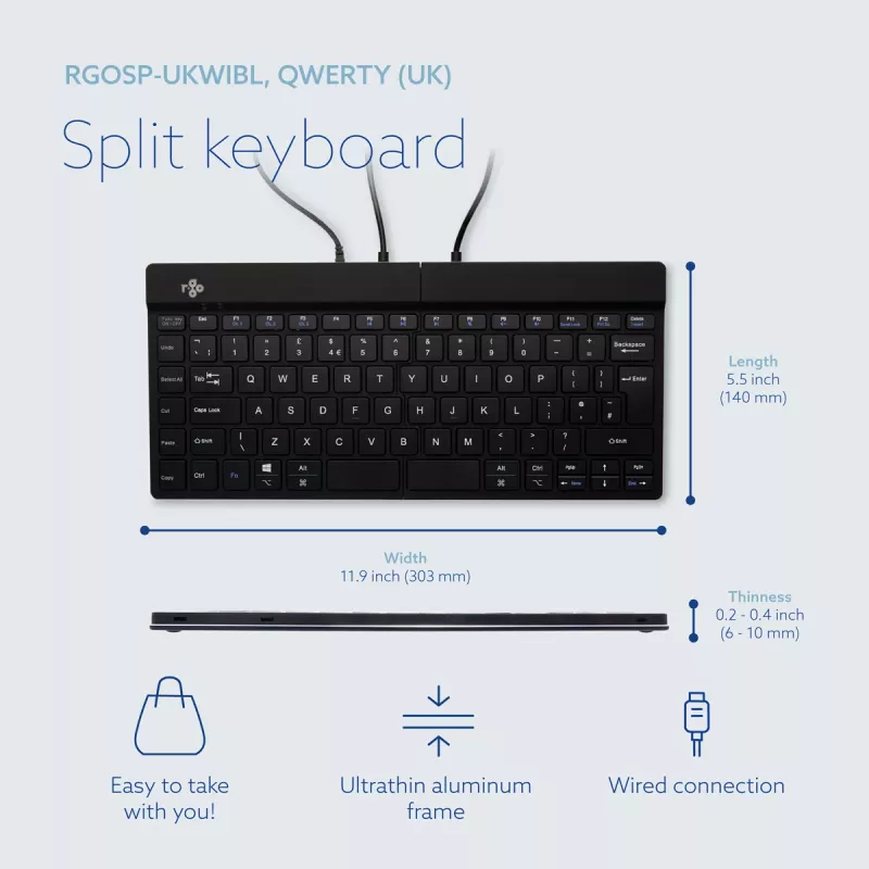 R-Go Tools ergonoomiline klaviatuur R-Go Split Break v2 koos pausitarkvaraga, ergonoomiline jagatud klaviatuur, QWERTY (UK), juhtmega, must