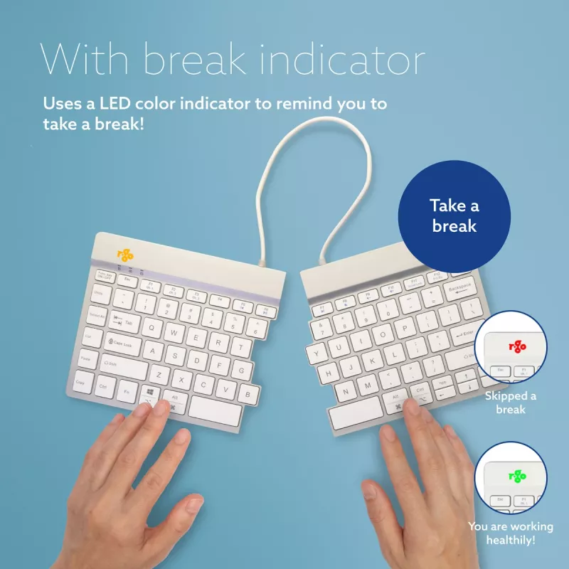 R-Go Tools Ergonoomiline klaviatuur R-Go Split Break koos pausitarkvaraga, ergonoomiline poolitatud klaviatuur, QWERTY (US), Bluetooth, valge