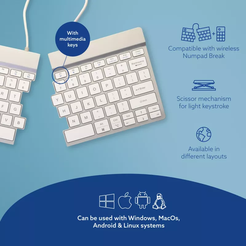R-Go Tools Ergonoomiline klaviatuur R-Go Split Break koos pausitarkvaraga, ergonoomiline poolitatud klaviatuur, QWERTY (US), Bluetooth, valge