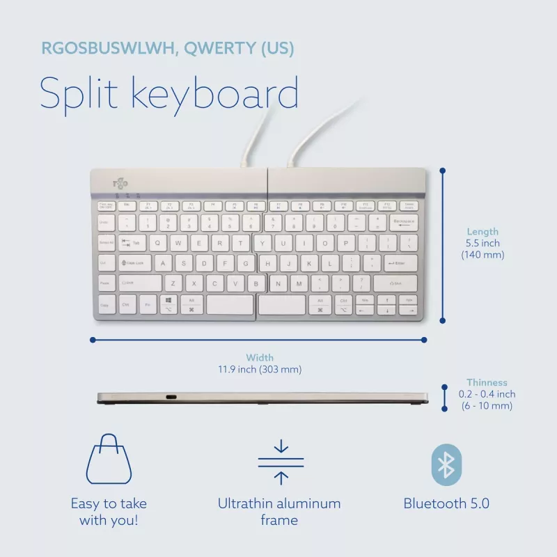 R-Go Tools Ergonoomiline klaviatuur R-Go Split Break koos pausitarkvaraga, ergonoomiline poolitatud klaviatuur, QWERTY (US), Bluetooth, valge