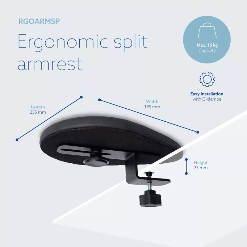 R-Go Tools käetugi R-Go Split, ergonoomiline kaheosaline käetugi, reguleeritav, sümmeetriline, pehme vahuga, must