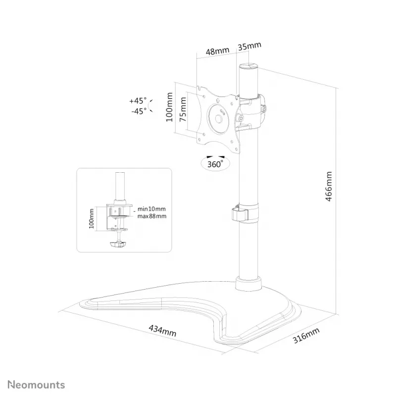 Neomounts NM-D335Must Monitorialus 10-30 tolli, Klamber/Vabaltseisev/Läbiviik, 10 kg, 25,4 cm (10 tolli), 76,2 cm (30 tolli), 100 x 100 mm, Must