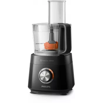 Philips Viva Collection HR7510/10 kompaktne köögikombain, mille kausi maht on 2,1 L ja võimsus 800 W. Sellel on elegantne must disain ja pöördnupp.