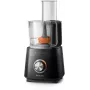 Philips Viva Collection HR7510/10 kompaktne köögikombain, mille kausi maht on 2,1 L ja võimsus 800 W. Sellel on elegantne must disain ja pöördnupp.