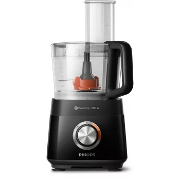Philips Viva Collection HR7510/10 kompaktne köögikombain, mille kausi maht on 2,1 L ja võimsus 800 W. Sellel on elegantne must disain ja pöördnupp.