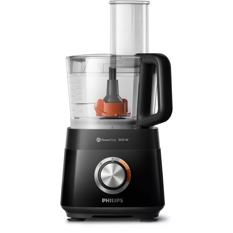 Philips Viva Collection HR7510/10 kompaktne köögikombain, mille kausi maht on 2,1 L ja võimsus 800 W. Sellel on elegantne must disain ja pöördnupp.
