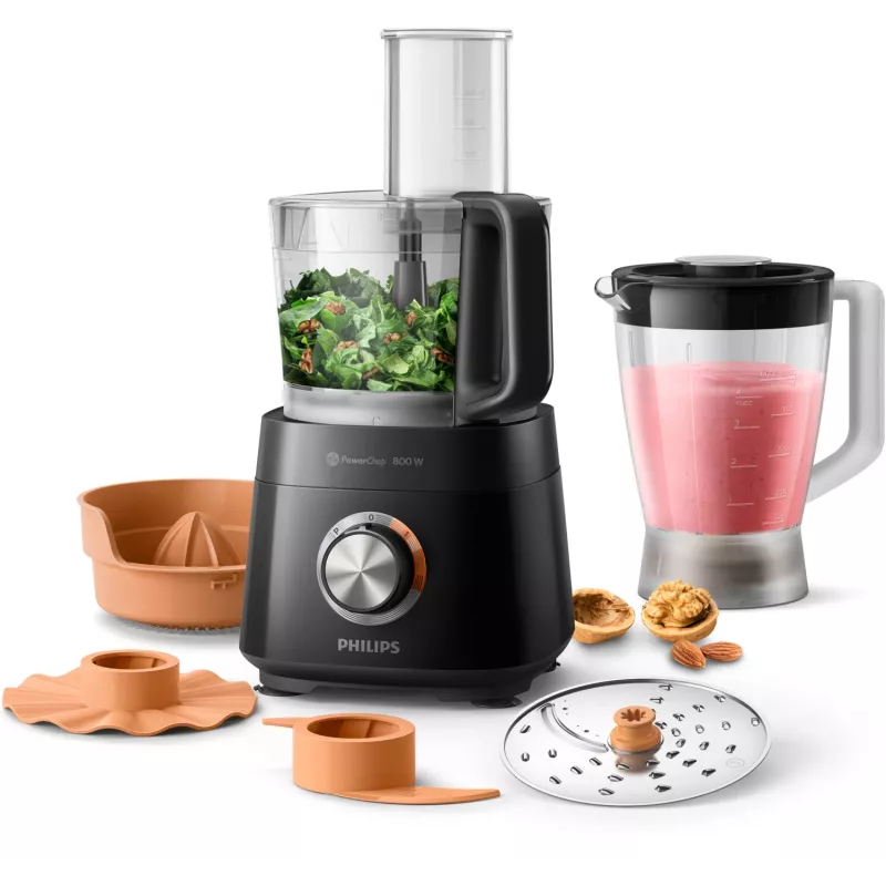 Philips Viva Collection HR7510/10 kompaktne köögikombain, mille kausi maht on 2,1 L ja võimsus 800 W. Sellel on elegantne must disain ja pöördnupp.