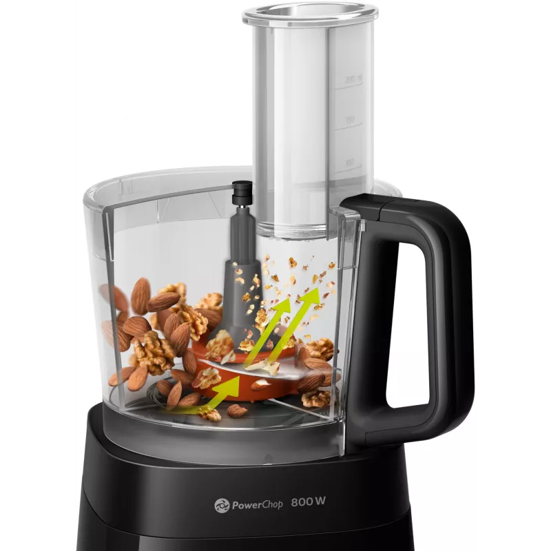 Philips Viva Collection HR7510/10 kompaktne köögikombain, mille kausi maht on 2,1 L ja võimsus 800 W. Sellel on elegantne must disain ja pöördnupp.