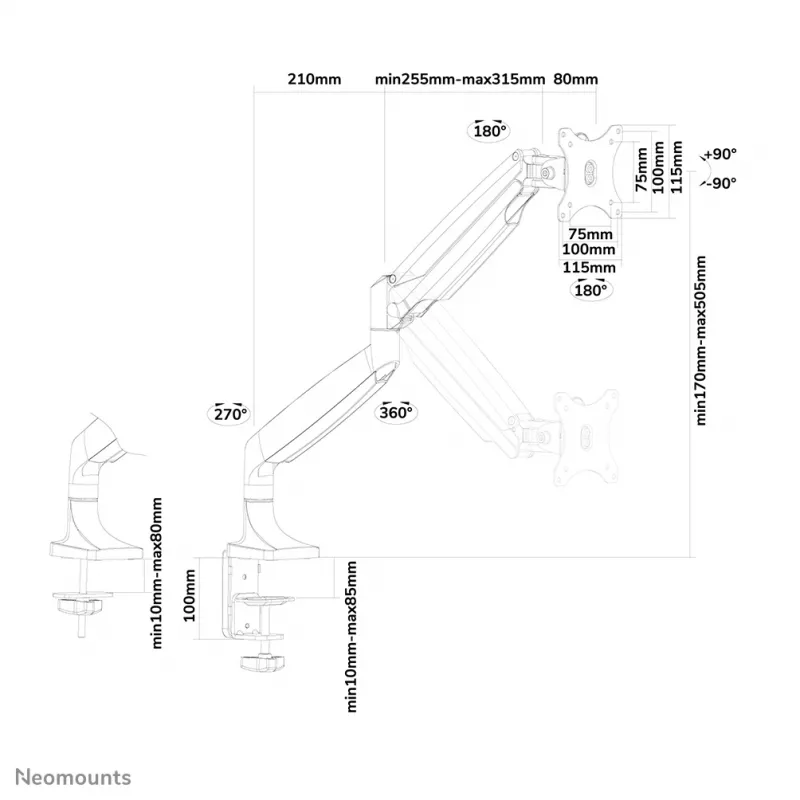 Neomounts NM-D750Valge monitori käsi 10-32 tolli - gaasvedruga, klamber/läbiviik, 9 kg, 25,4 cm (10 tolli), 81,3 cm (32 tolli), 100 x 100 mm, valge