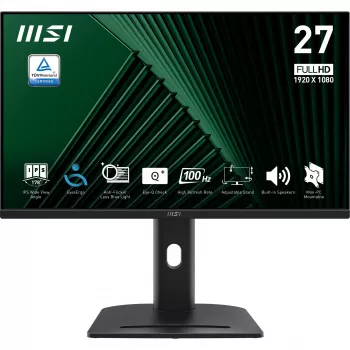 MSI PRO MP275PG 27-tolline monitor, FHD (1920 x 1080), 100Hz, IPS, 1ms, 1x HDMI 1.4b, 1x DP 1.2a väljund, 1x D-Sub (VGA), sisseehitatud kõlarid, peegeldusvastane, virvendusvaba, vähendatud sinine valgus, TÜV sertifikaat, VESA, Kensington, 4-suunaliselt re