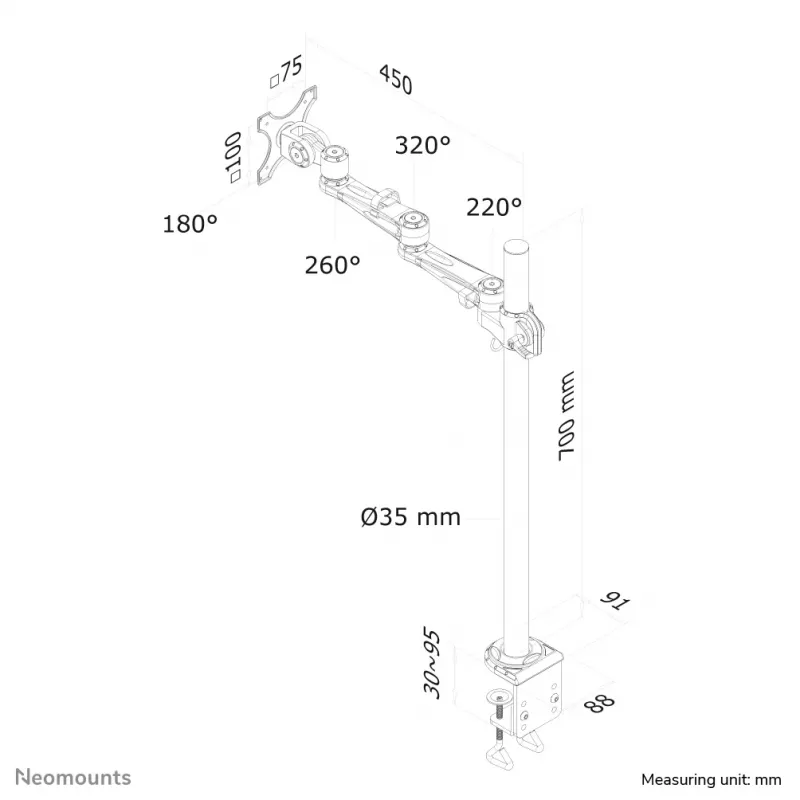 Neomounts FPMA-D935POLE70 monitori käsi 10-30 inch, klamber, 10 kg, 25,4 cm (10 inch), 76,2 cm (30 inch), 100 x 100 mm, hõbedane