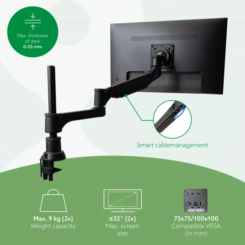 R-Go Tools Monitor arm R-Go Caparo Dual, for two monitors, adjustable with gas spring, 3-9 kg load capacity, 100% circular, Must