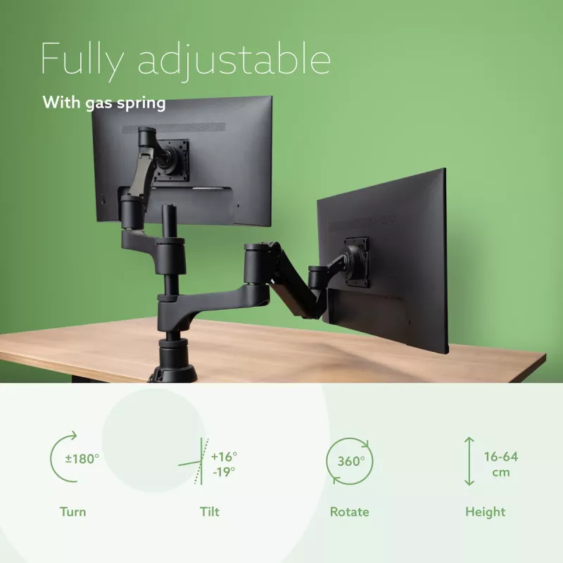 R-Go Tools Monitor arm R-Go Caparo Dual, for two monitors, adjustable with gas spring, 3-9 kg load capacity, 100% circular, Must