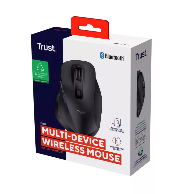 TRUST Fyda Office paremakäeline juhtmevaba hiir — RF + Bluetooth, optiline 2400 DPI, 6 nuppu, must