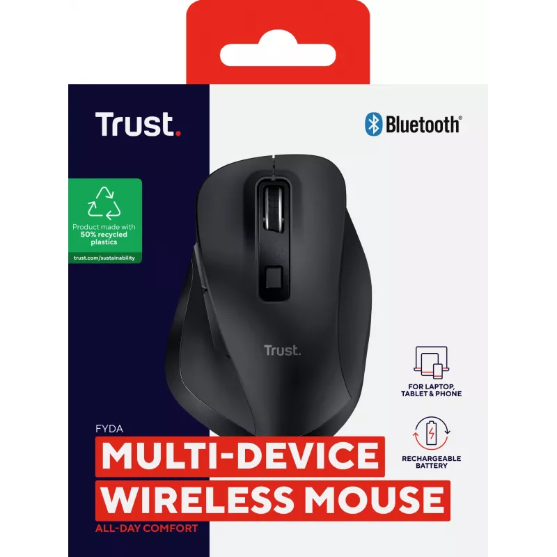 TRUST Fyda Office paremakäeline juhtmevaba hiir — RF + Bluetooth, optiline 2400 DPI, 6 nuppu, must