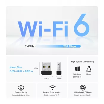 Juhtmeta USB-adapter TP‑Link Archer TX1U Nano Wi‑Fi 6 (IEEE 802.11ax) kahesageduslik 2,4/5 GHz, 287 Mbit/s, Bluetooth, USB 2.0, must