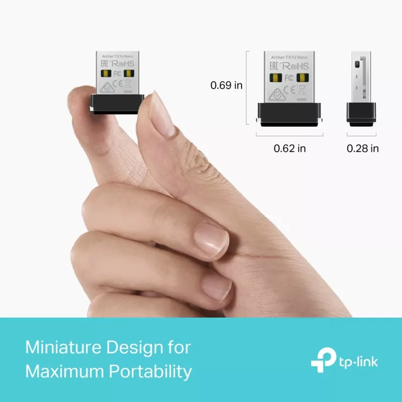 Juhtmeta USB-adapter TP‑Link Archer TX1U Nano Wi‑Fi 6 (IEEE 802.11ax) kahesageduslik 2,4/5 GHz, 287 Mbit/s, Bluetooth, USB 2.0, must