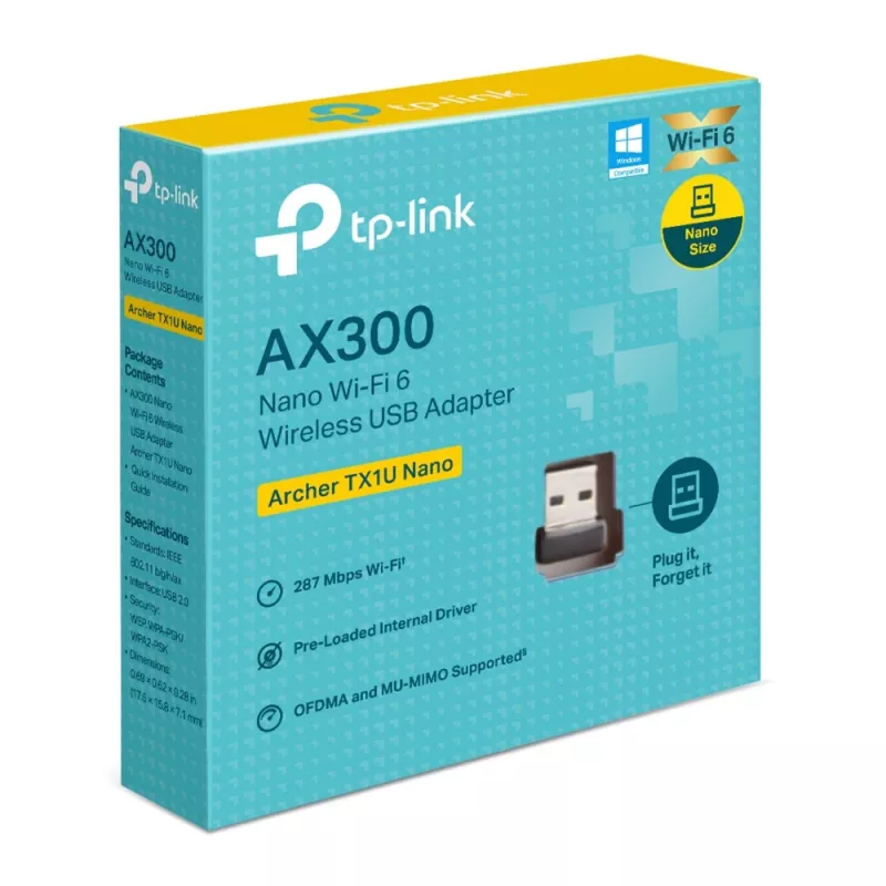 Juhtmeta USB-adapter TP‑Link Archer TX1U Nano Wi‑Fi 6 (IEEE 802.11ax) kahesageduslik 2,4/5 GHz, 287 Mbit/s, Bluetooth, USB 2.0, must