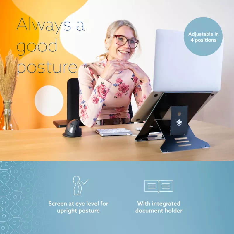 R-Go Tools sülearvuti alus R-Go Riser Document, ergonoomiline, kokkupandav ja reguleeritav alus dokumendihoidjaga, must