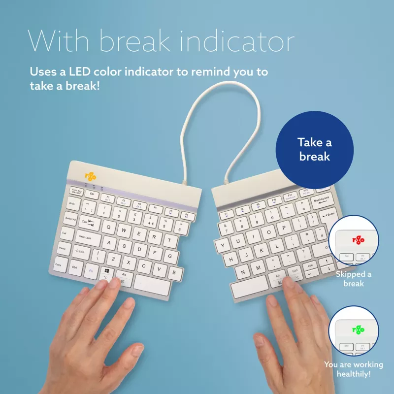 R-Go Tools Ergonoomiline klaviatuur R-Go Split Break koos pausitarkvaraga, ergonoomiline jagatud klaviatuur, QWERTY (UK), Bluetooth, valge