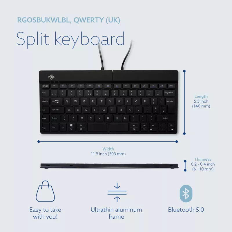 R-Go Tools Ergonoomiline klaviatuur R-Go Split Break koos pausitarkvaraga, ergonoomiline poolitatud klaviatuur, QWERTY (UK), Bluetooth, must