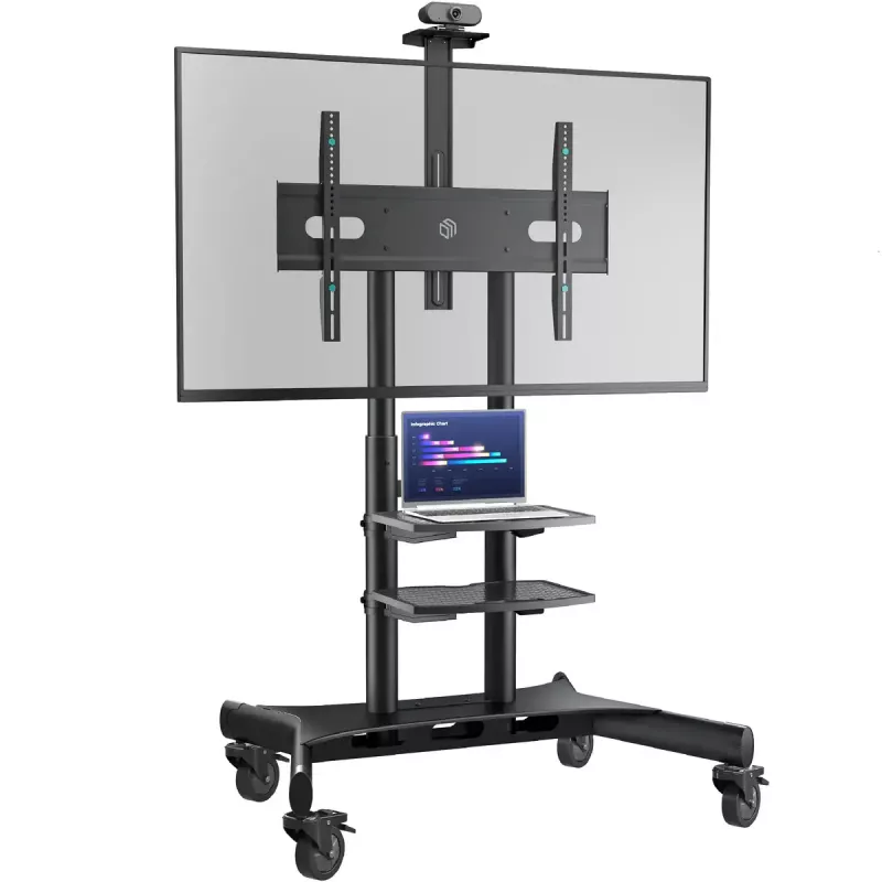ONKRON TS1881-B liigutatav teleri alus rataste ja riiulitega 50–86" telerile, kuni 90 kg, VESA 200×200–800×500, reguleeritava kõrgusega, must