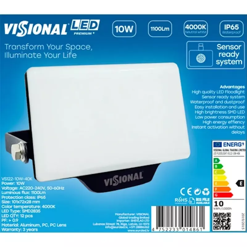 LED-seinalamp VISIONAL VS122-10W-40K — 10 W, 1100 lm, 4000 K välis-/fassaadivalgustuseks