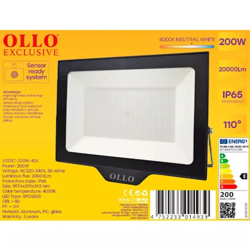 Väline LED-prožektor OLLO VS121C-200W-40K — 200 W, 20 000 lm, 4000 K