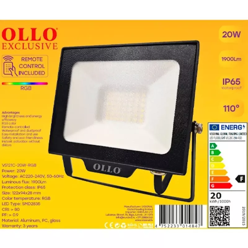 Välistingimustesse LED-prožektor OLLO VS121C-20W-RGB 20W 1900lm RGB