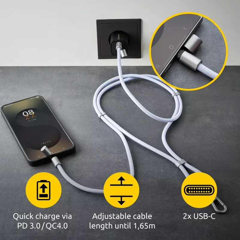 Intenso USB-C laadimisnöör telefoni kaelarihmakaabel 60 W kiirlaadimine reguleeritava pikkusega 1,65 m nailon lilla