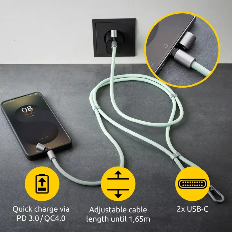Intenso USB-C laadimisrihm telefoni kaelapaela kaabel 60 W kiirlaadimine reguleeritava pikkusega 1.65 m nailon roheline