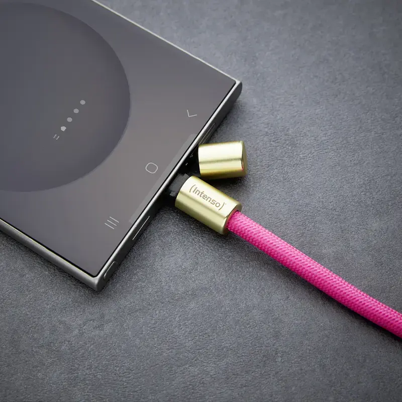Intenso USB-C laadimisrihm telefoni kaelarihmakaabel 60W kiirlaadimine reguleeritav pikkus 1,65m nailon neoonroosa