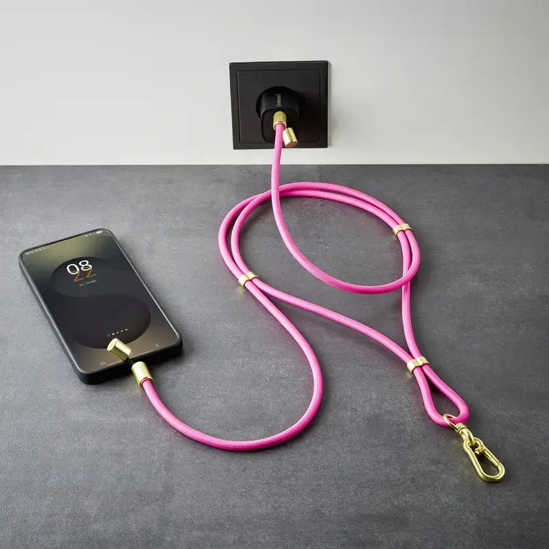 Intenso USB-C laadimisrihm telefoni kaelarihmakaabel 60W kiirlaadimine reguleeritav pikkus 1,65m nailon neoonroosa