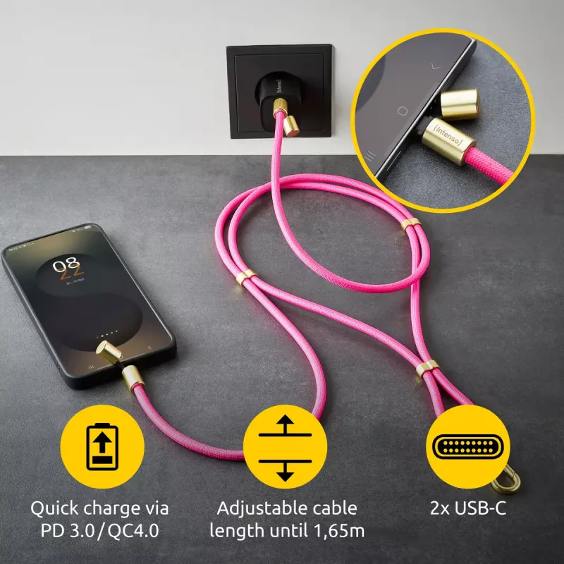 Intenso USB-C laadimisrihm telefoni kaelarihmakaabel 60W kiirlaadimine reguleeritav pikkus 1,65m nailon neoonroosa